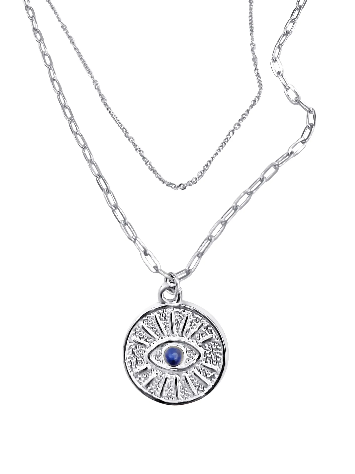 Κολιέ γυναικείο, από ανοξείδωτο ατσάλι, διπλό, 43 εκατοστά+5εκατοστά αλυσίδα επέκτασης η κοντή αλυσίδα, με πέτρα λάπις & ματάκι βασκανίας, silverline, 0330342601